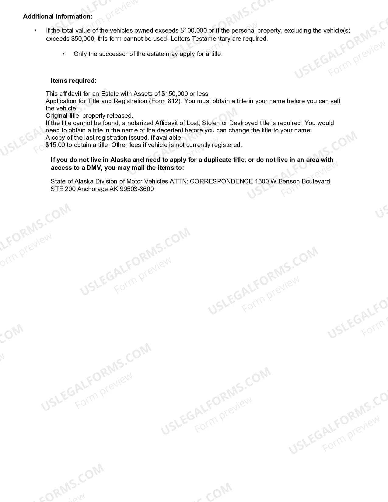 Preview Small Estate Affidavit to Transfer Vehicle in Small Estate with Department of Motor Vehicles