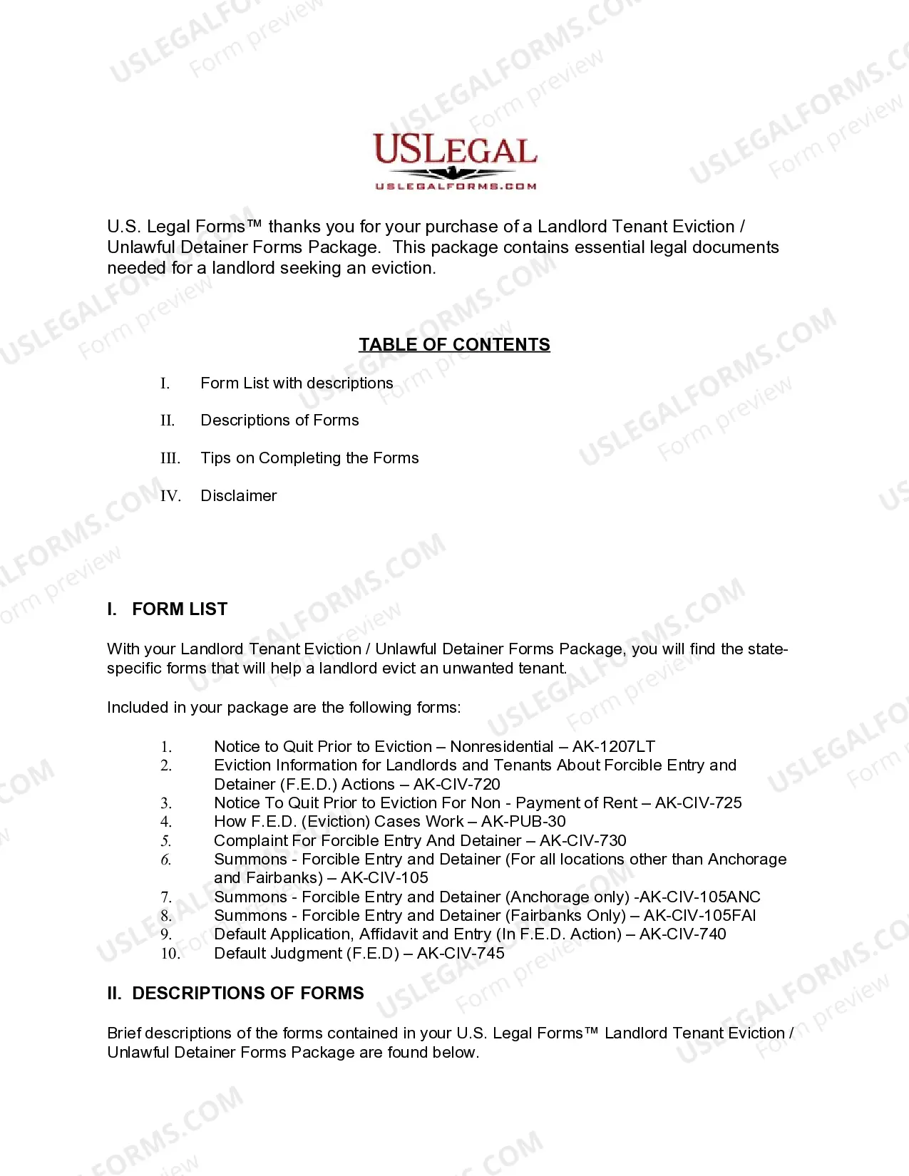 Preview Alaska Landlord Tenant Eviction / Unlawful Detainer Forms Package