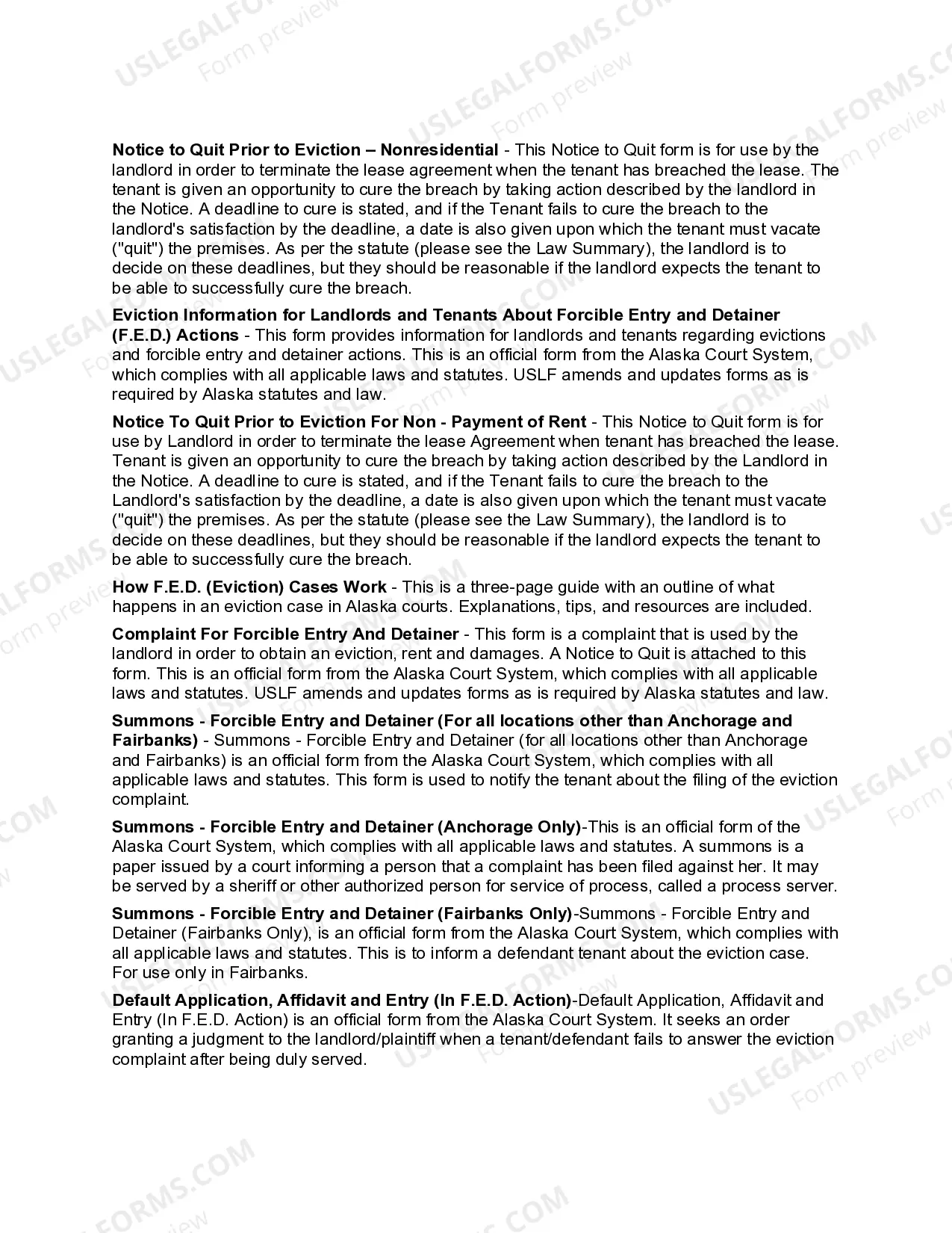 Preview Alaska Landlord Tenant Eviction / Unlawful Detainer Forms Package