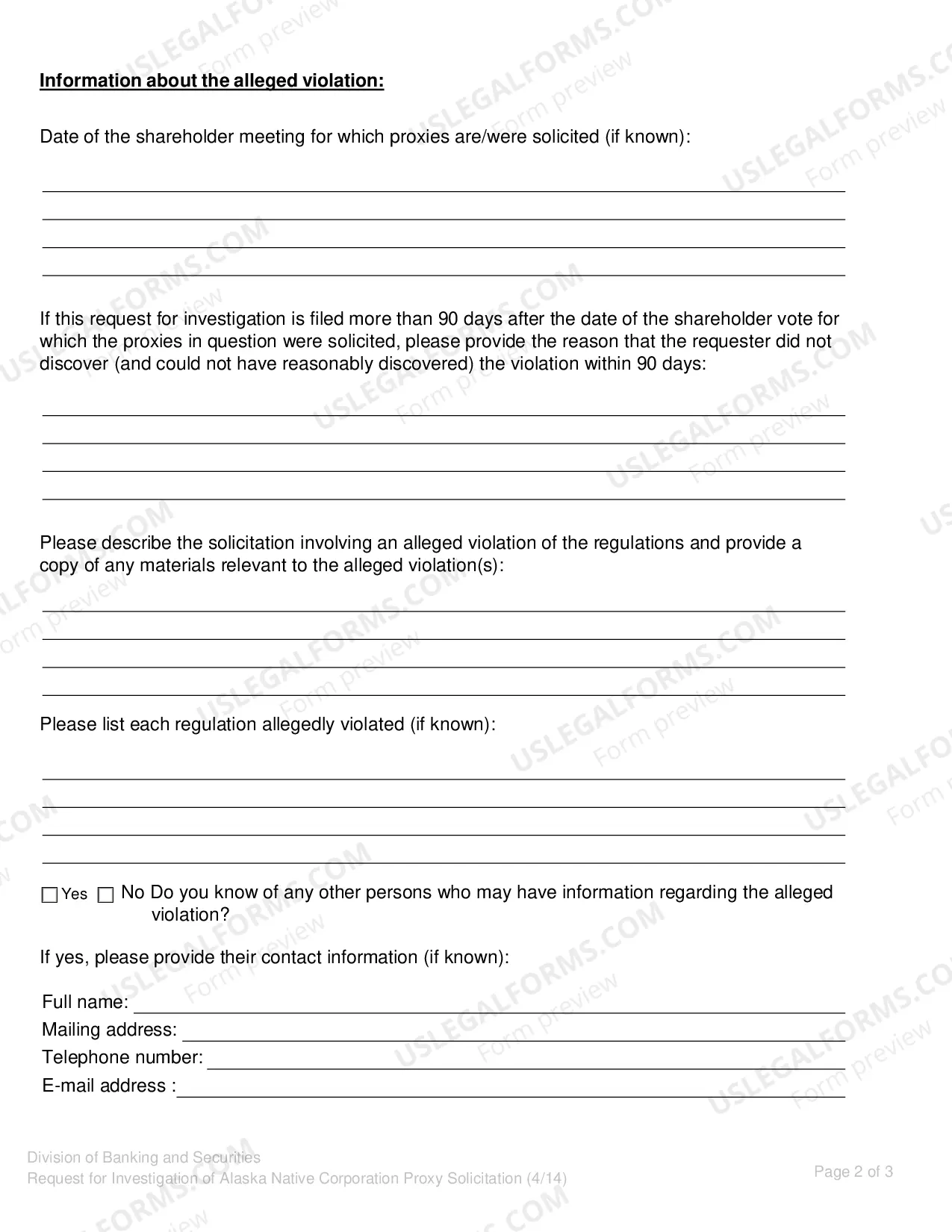 Preview Request For Investigation of Alaska Native Corporation Proxy Solicitation