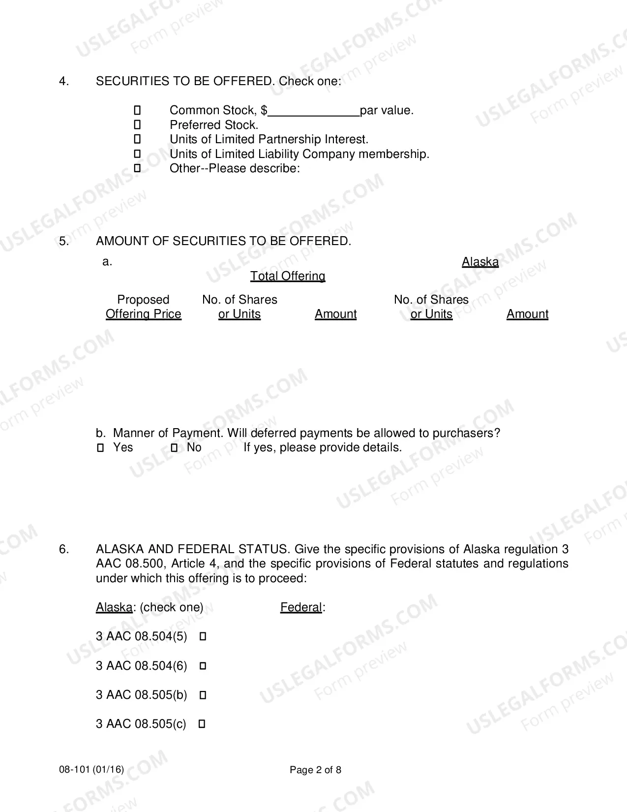 Preview Application To Register Securities Under Regulation 3 AAC 08.500-505