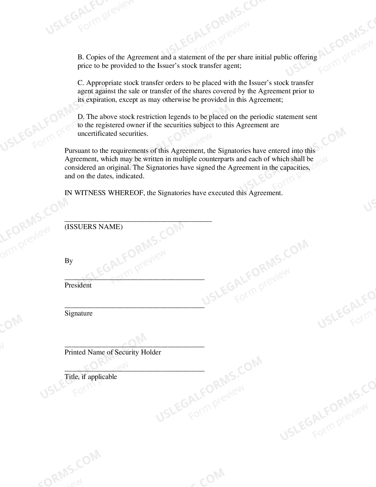 Preview Model Promotional Shares Lock-In Agreement