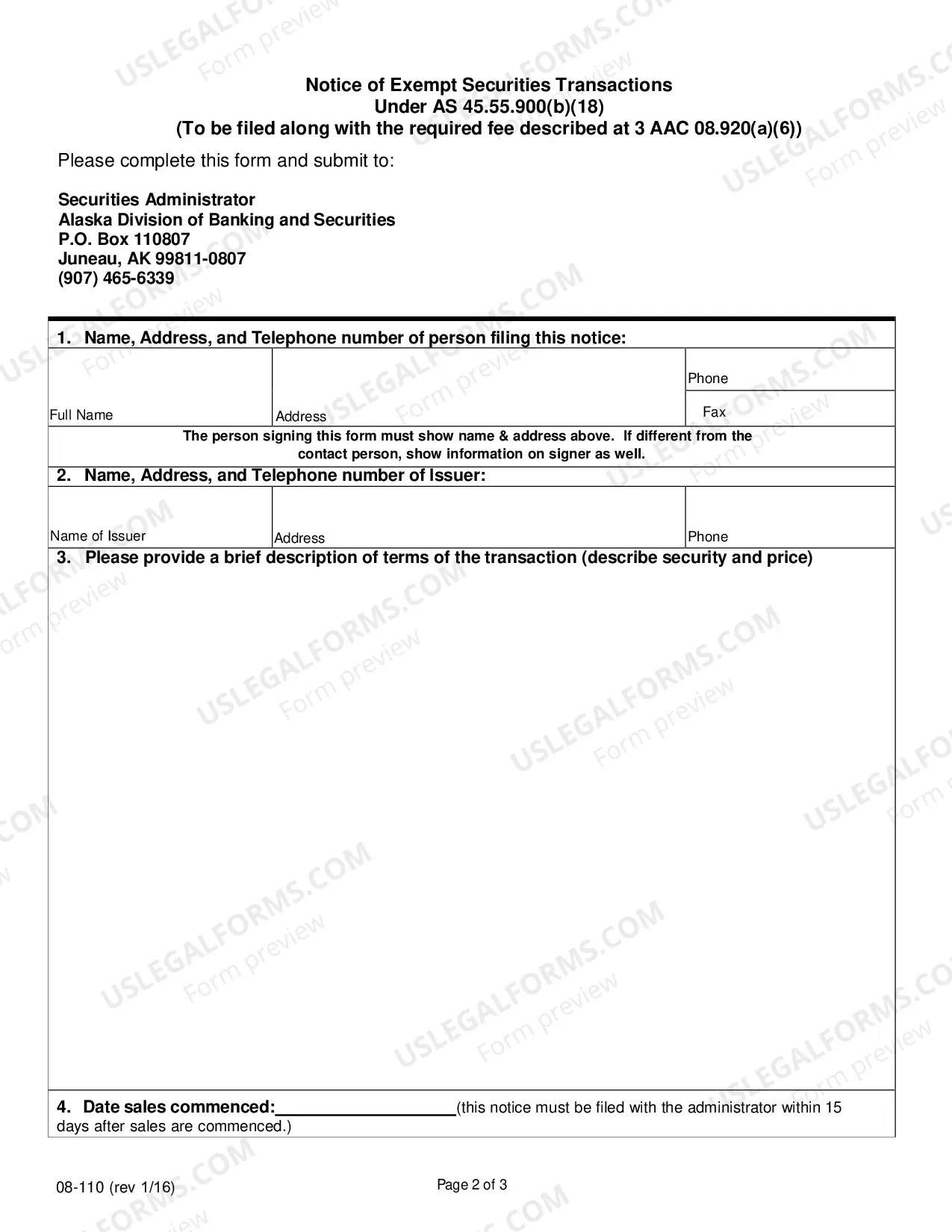 Preview Notice of Exempt Securities Transactions Under AS 45.55.900(b)(18)