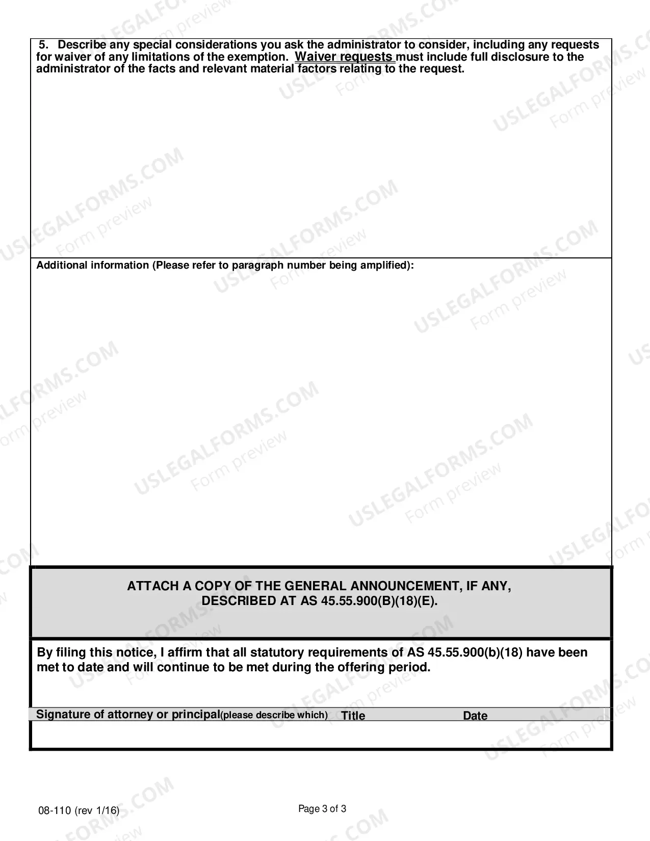 Preview Notice of Exempt Securities Transactions Under AS 45.55.900(b)(18)