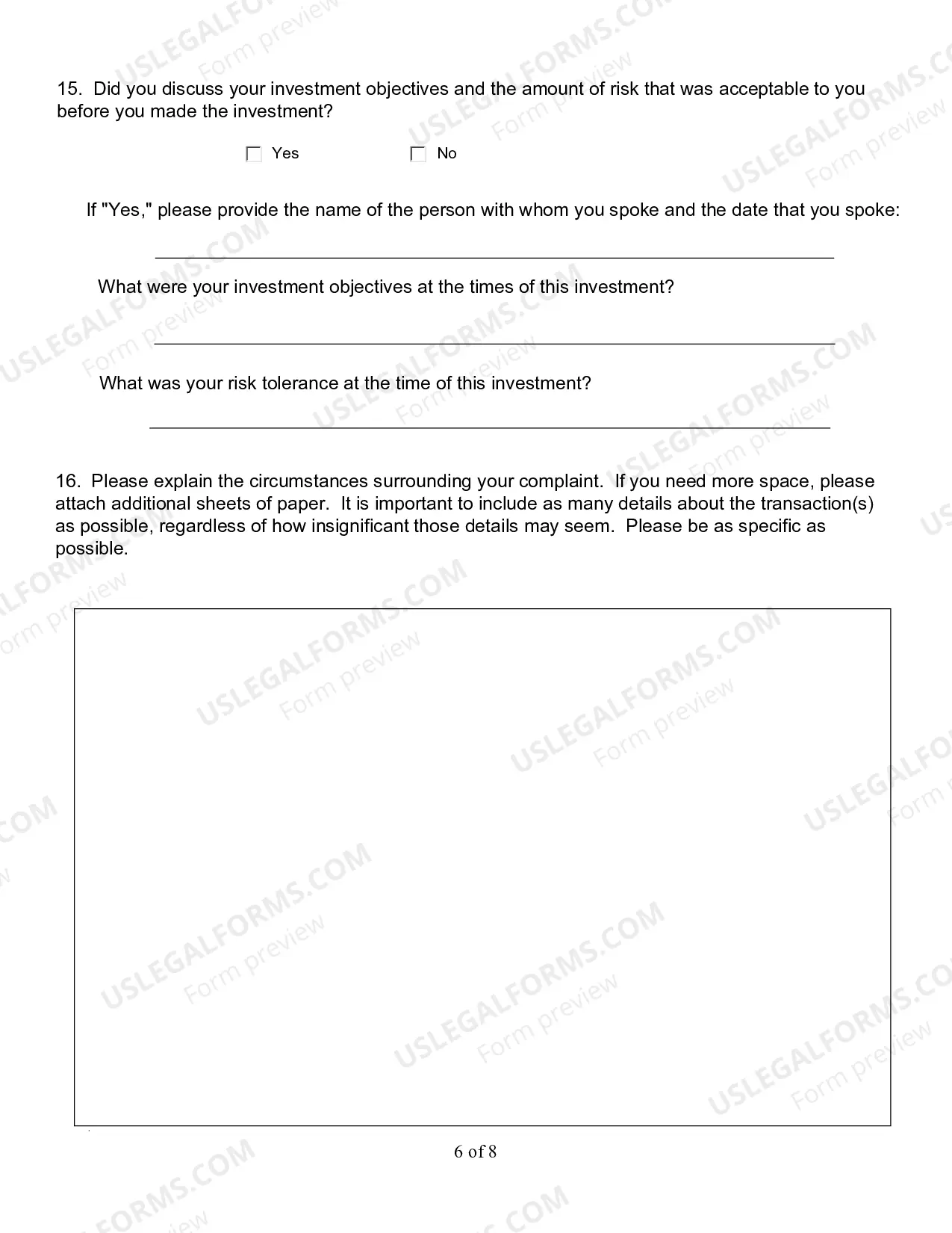 Preview Investment Complaint Form