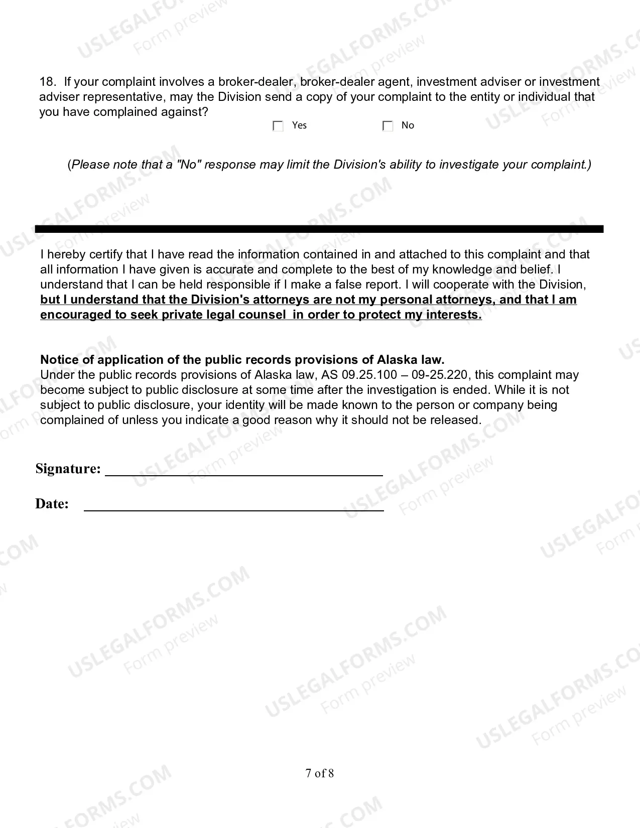 Preview Investment Complaint Form