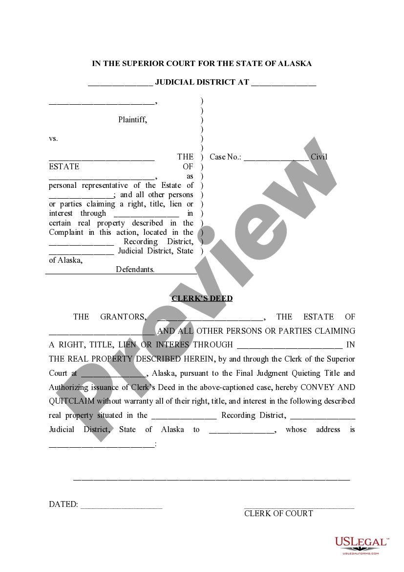 Alaska Clerk's Deed for the Representative of an Estate Property