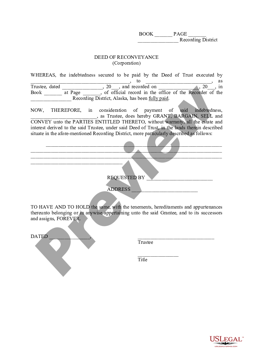 Alaska Deed of Reconveyance (Corporation) - Reconveyance Letter | US ...