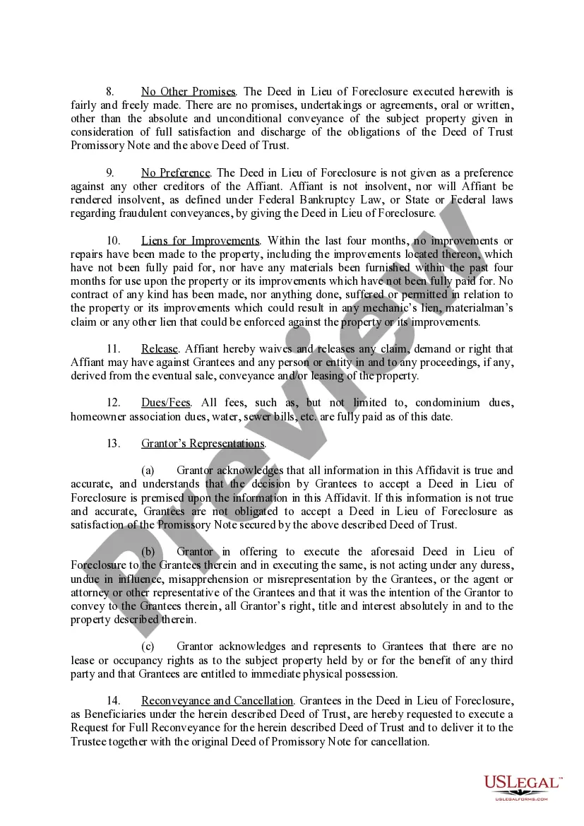 Preview Grantor's Estoppel and Solvency Affidavit Under Deed In Lieu of Foreclosure