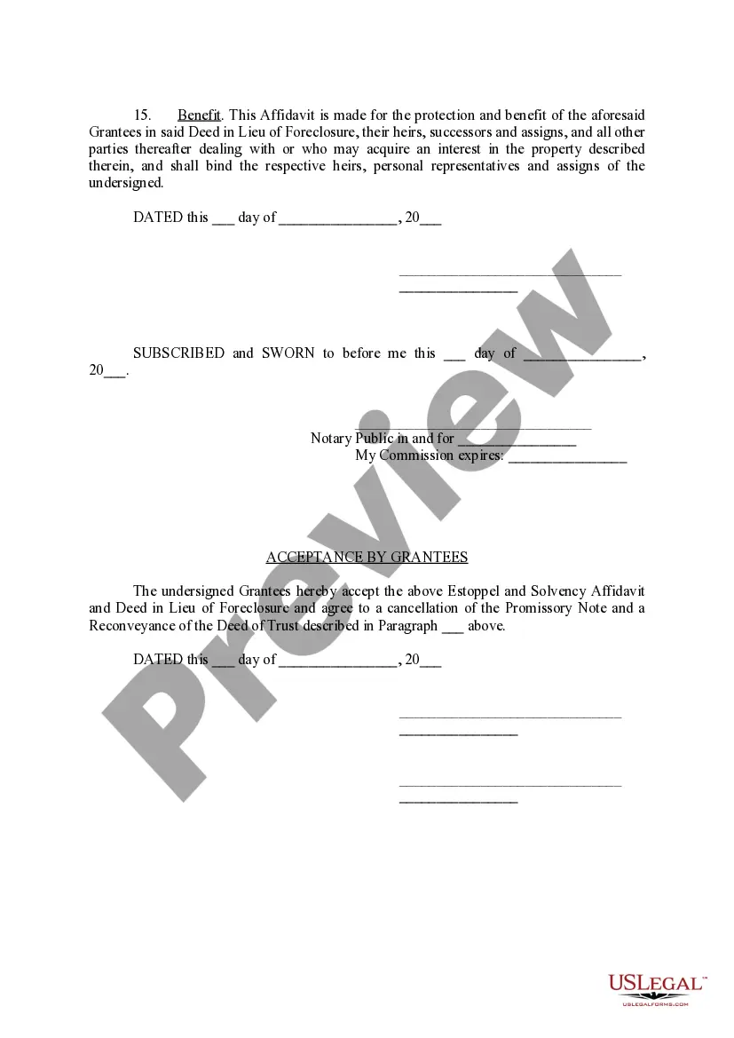 Preview Grantor's Estoppel and Solvency Affidavit Under Deed In Lieu of Foreclosure