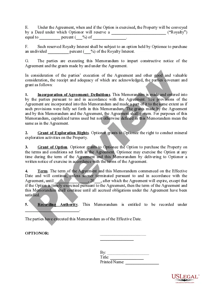 Preview Memorandum of Option Agreement