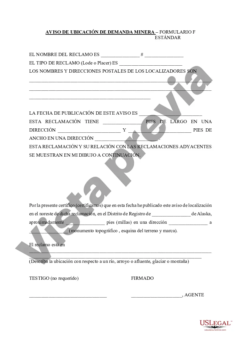 Preview Aviso de ubicación de reclamo minero - Formulario F estándar