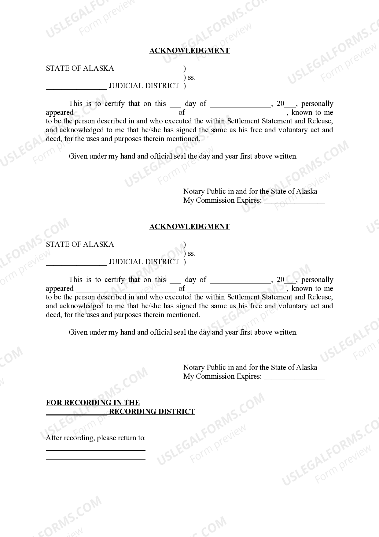 Anchorage Alaska Settlement Statement and Release US Legal Forms