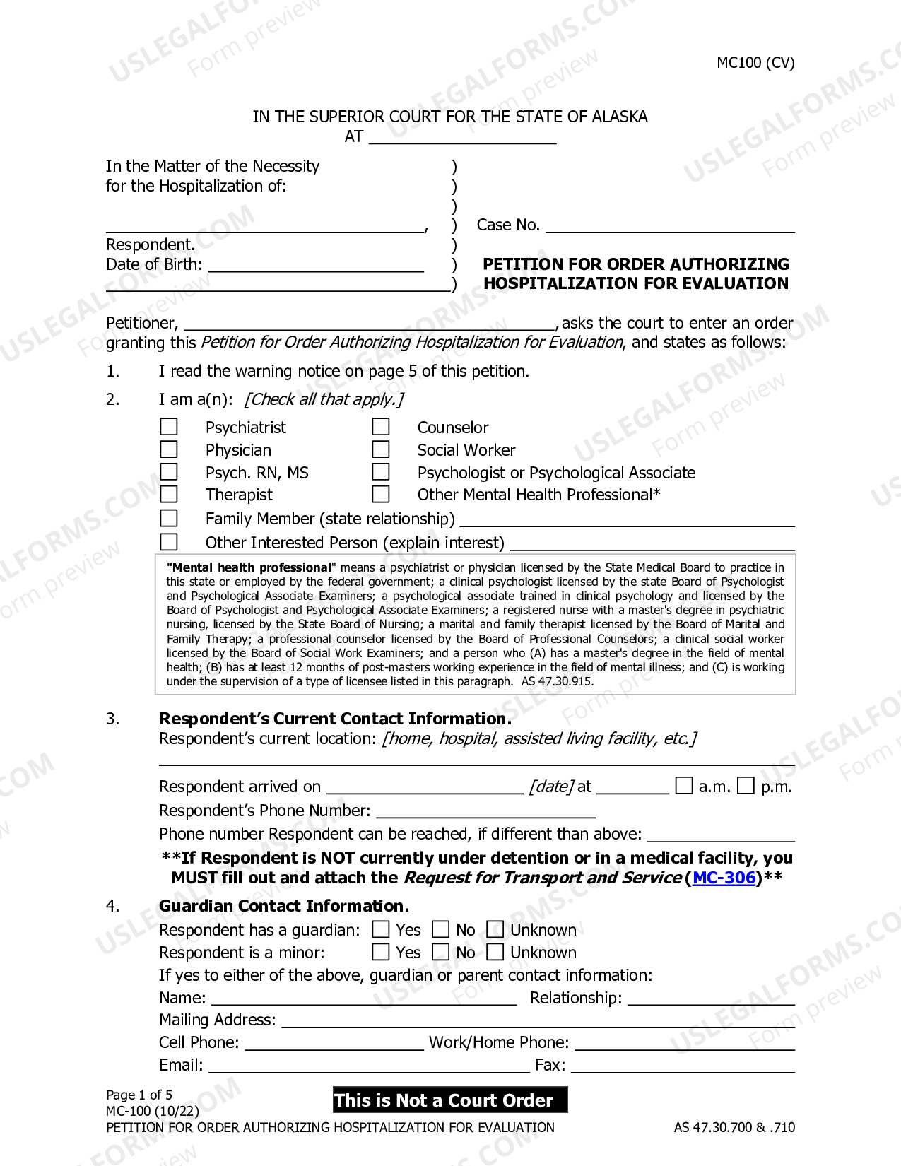 Alaska Petition for Initiation of Involuntary Commitment - Mc 100 ...