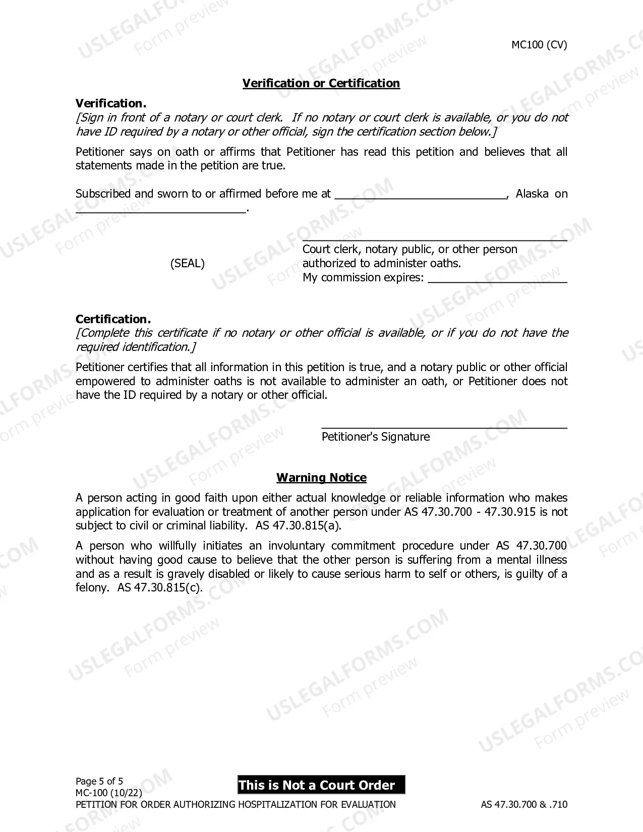 Preview Petition for Initiation of Involuntary Commitment