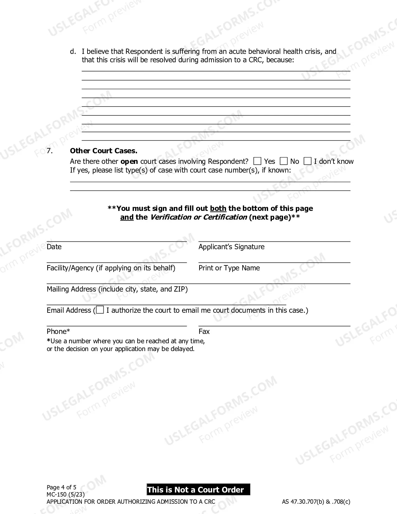 Preview Application for Order Authorizing Admission to a Crisis Residential Center