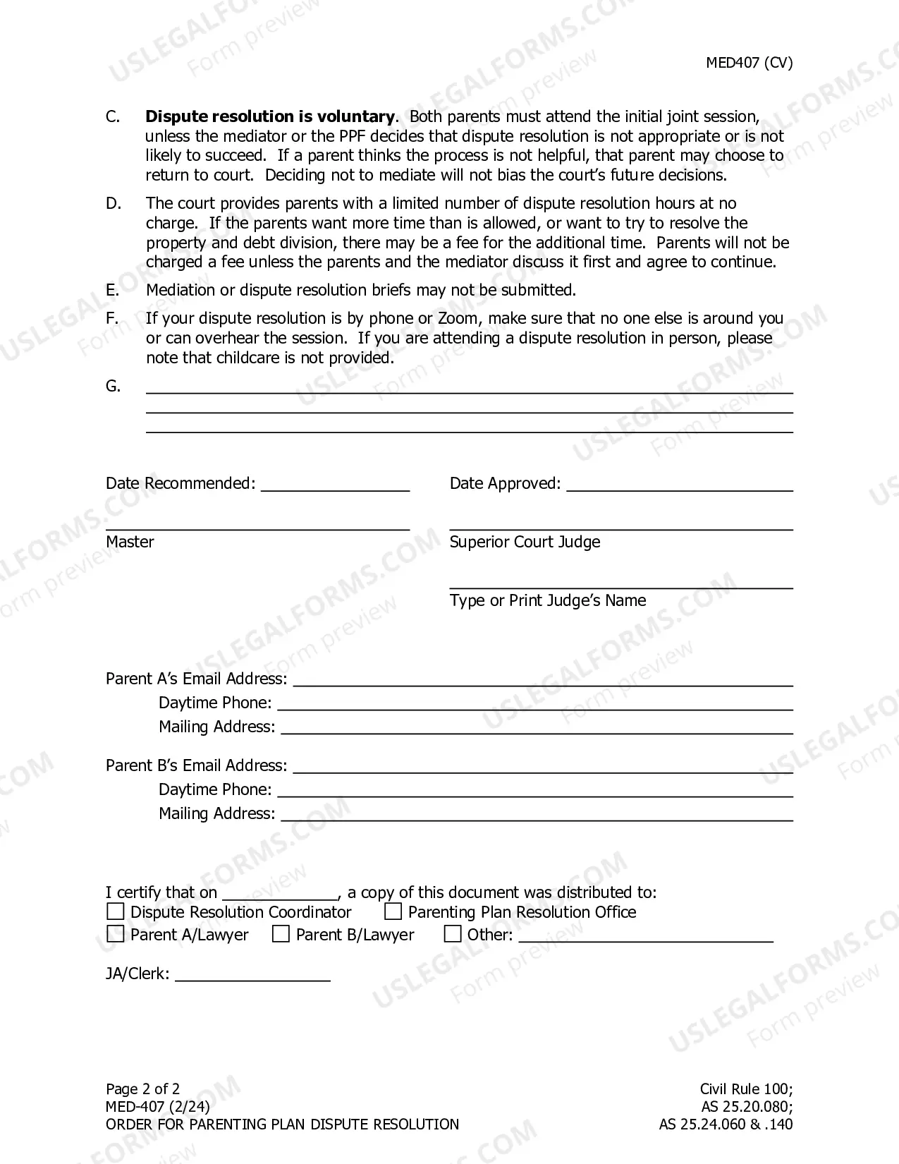Preview Order for Parenting Plan Dispute Resolution