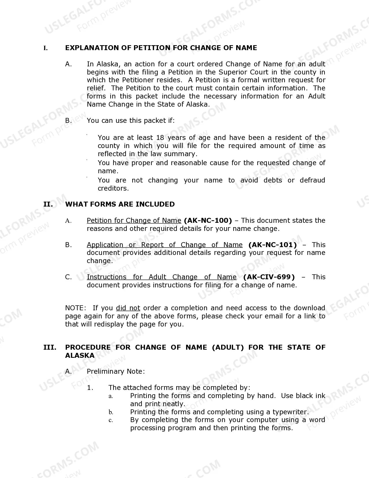 Preview Alaska Name Change Instructions and Forms Package for an Adult