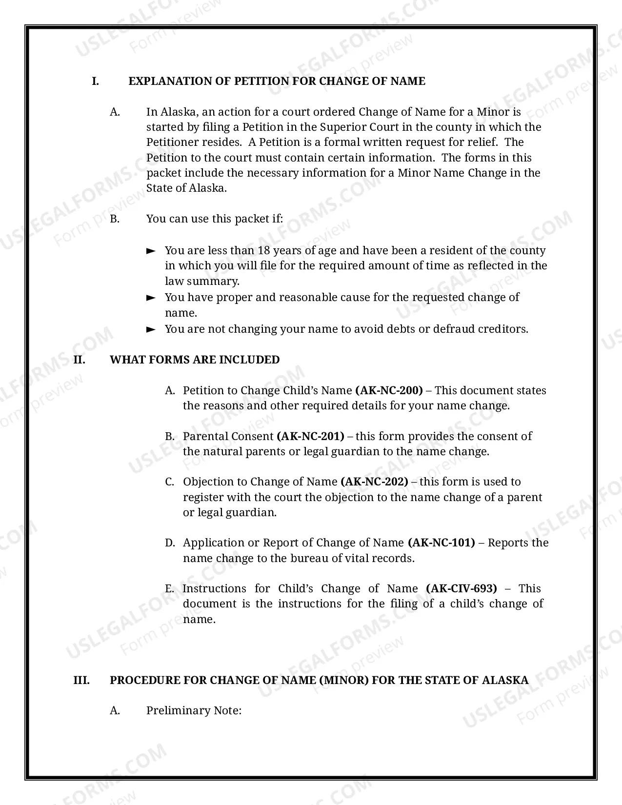 Preview Alaska Name Change Instructions and Forms Package for a Minor