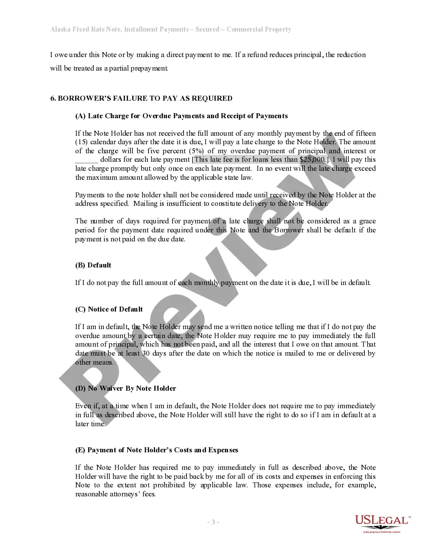 Preview Alaska Installments Fixed Rate Promissory Note Secured by Commercial Real Estate