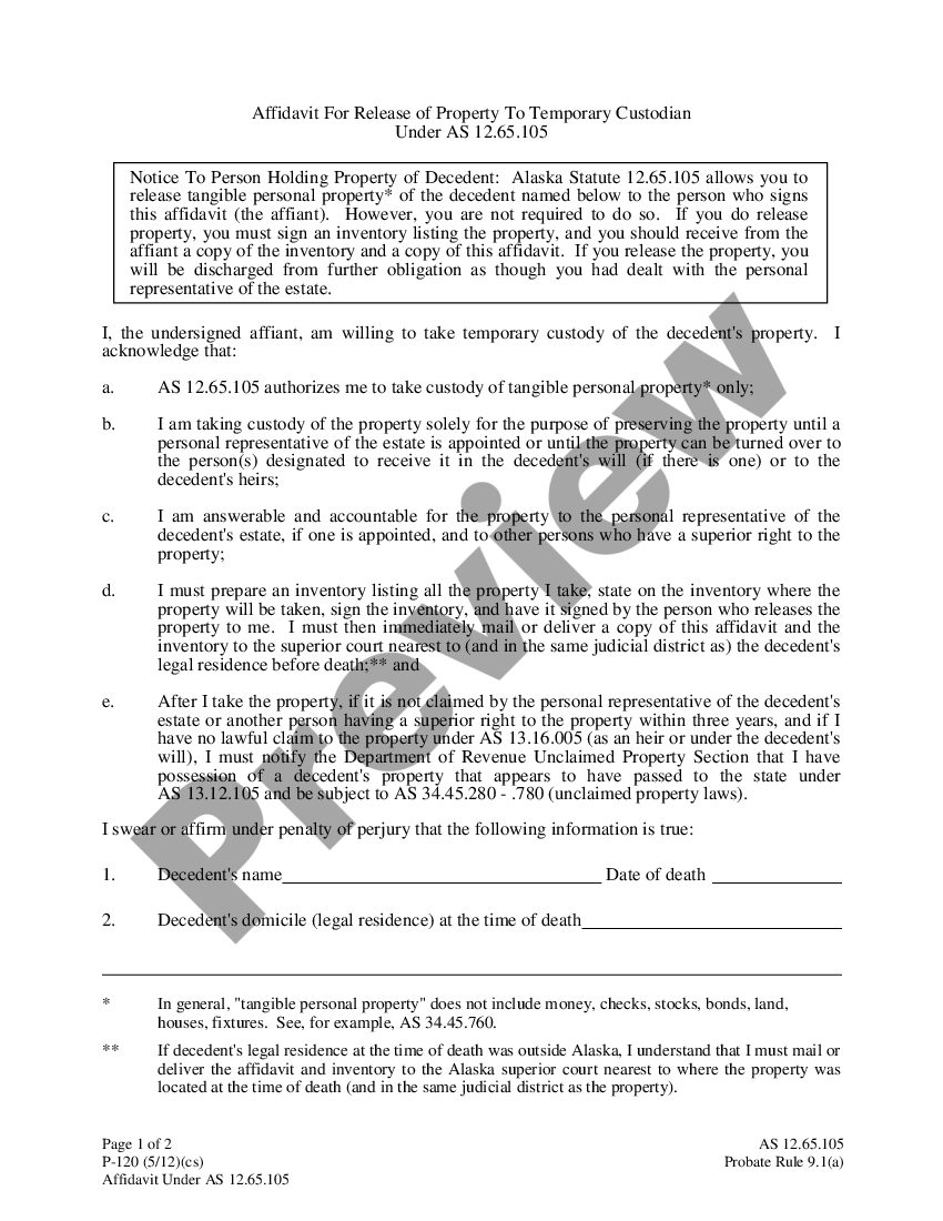 Alaska Affidavit for Release of Property to Temporary Custodian Under