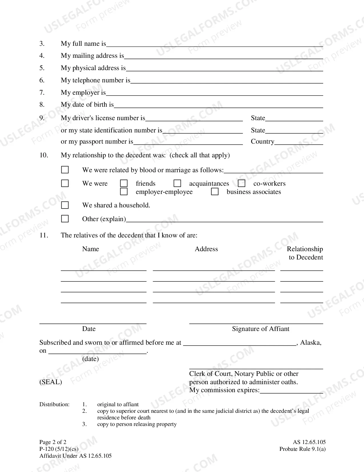 Preview Affidavit For Release of Property To Temporary Custodian Under AS 12.65.105
