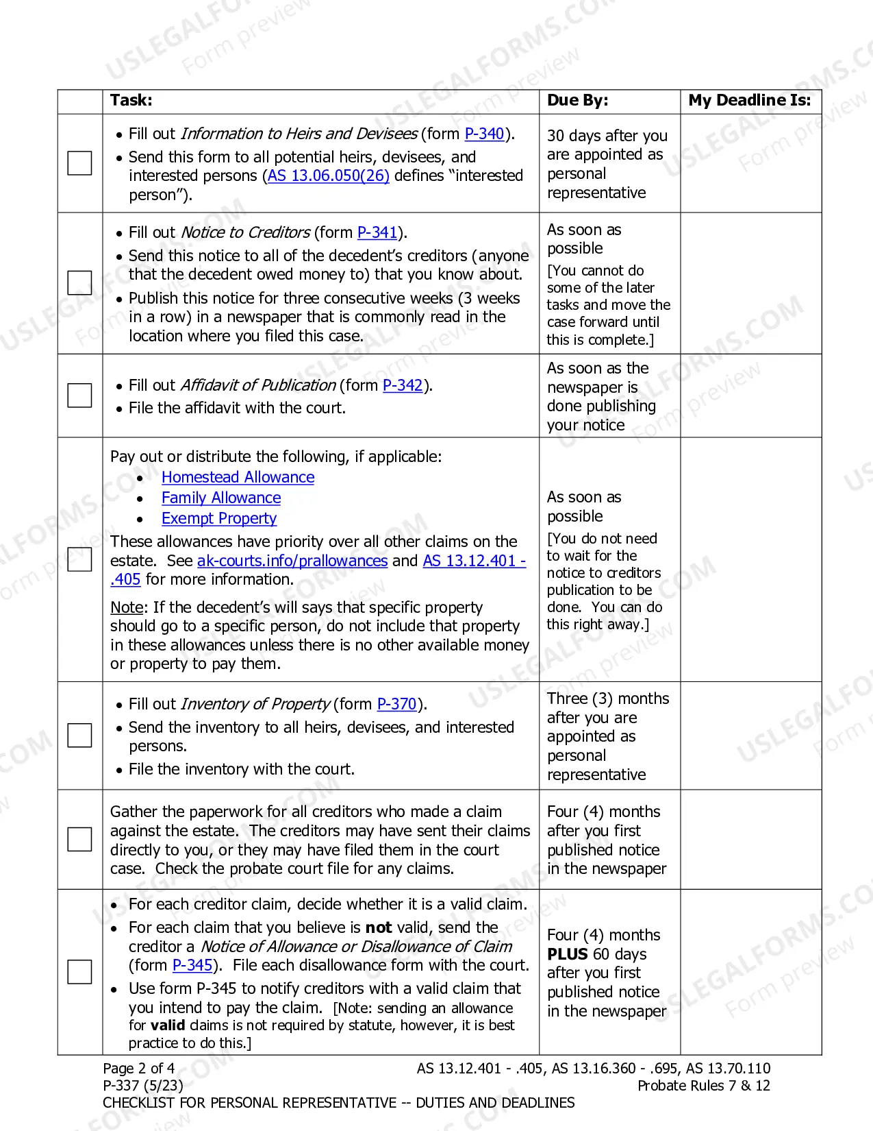 Preview Checklist for Personal Representative - Duties and Deadlines