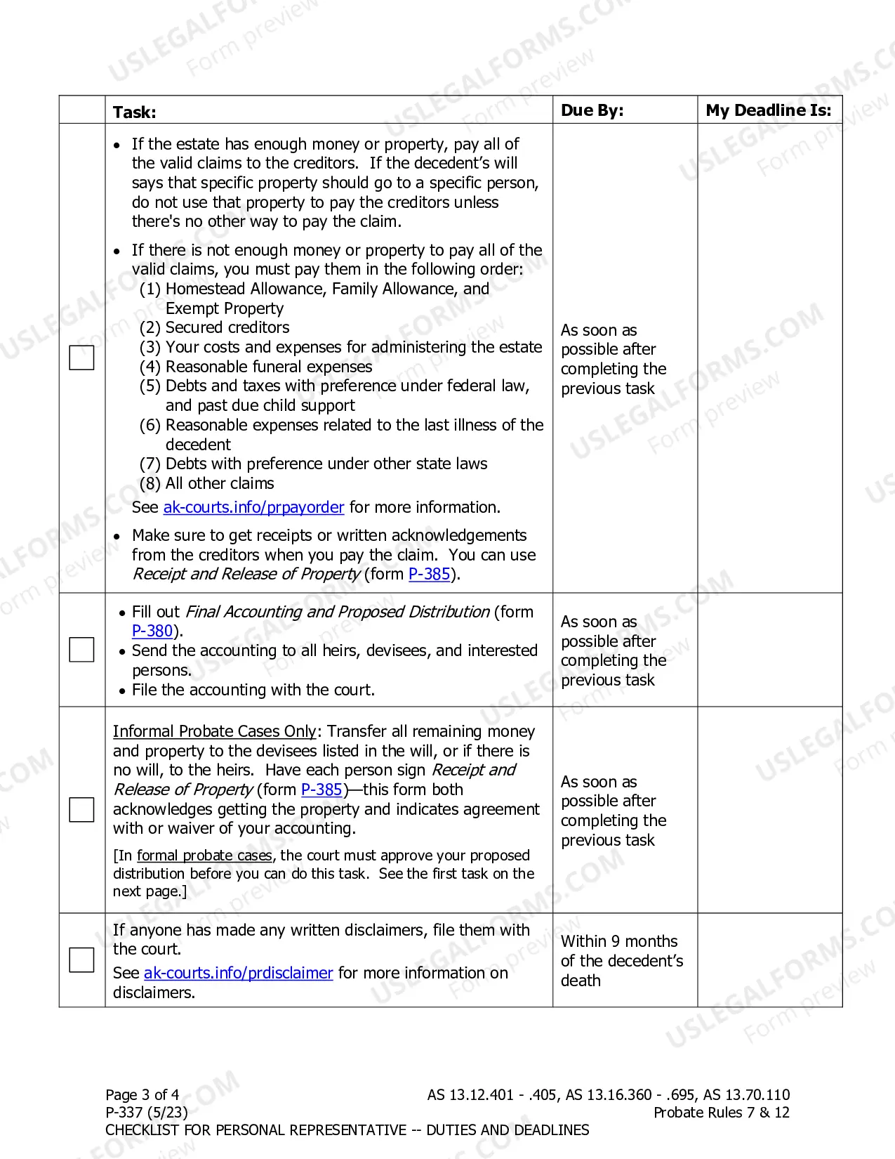 Preview Checklist for Personal Representative - Duties and Deadlines