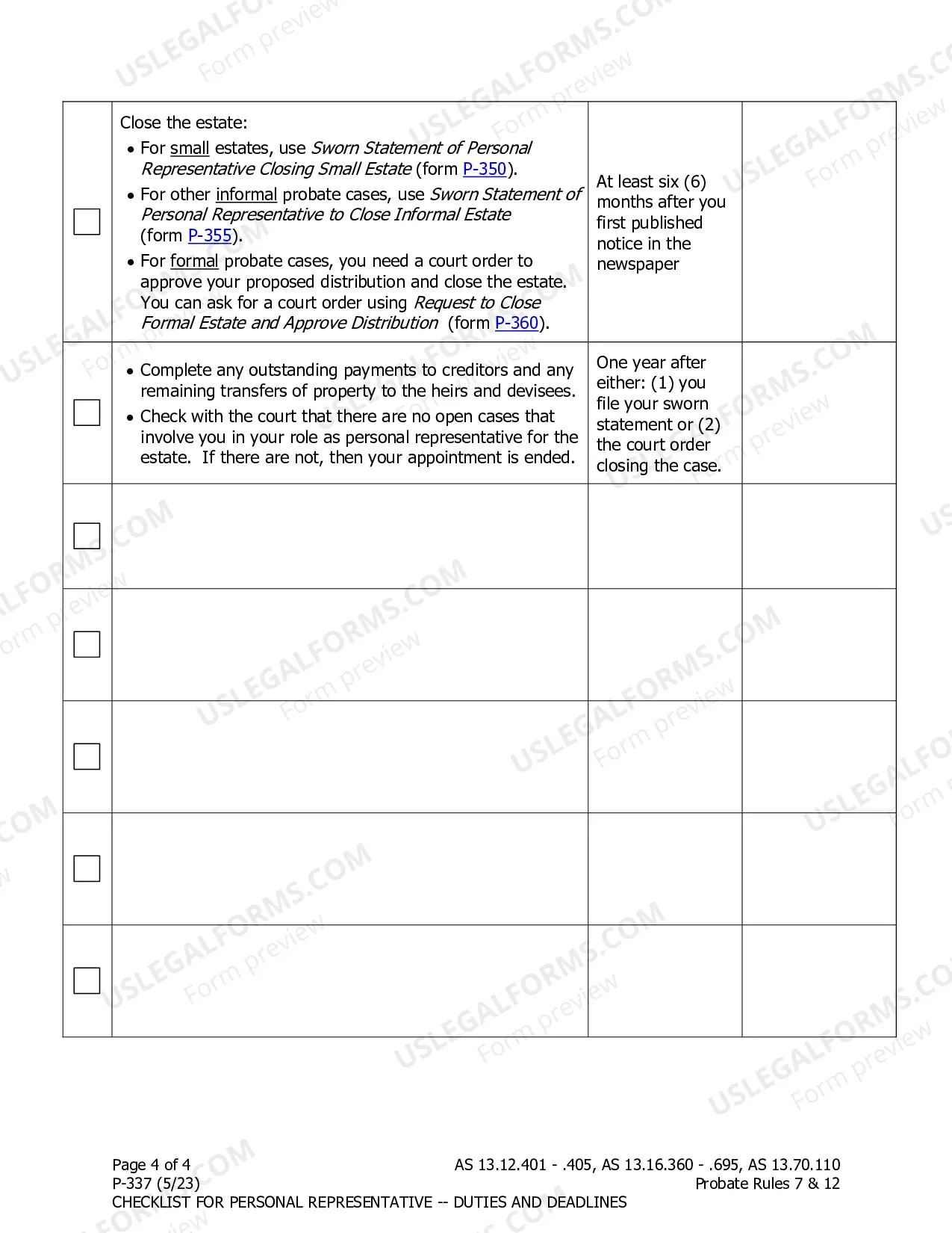 Preview Checklist for Personal Representative - Duties and Deadlines