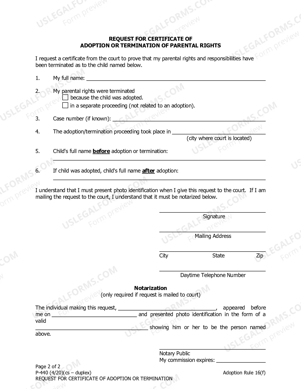 Preview Request for Certificate of Adoption or Termination of Parental Rights