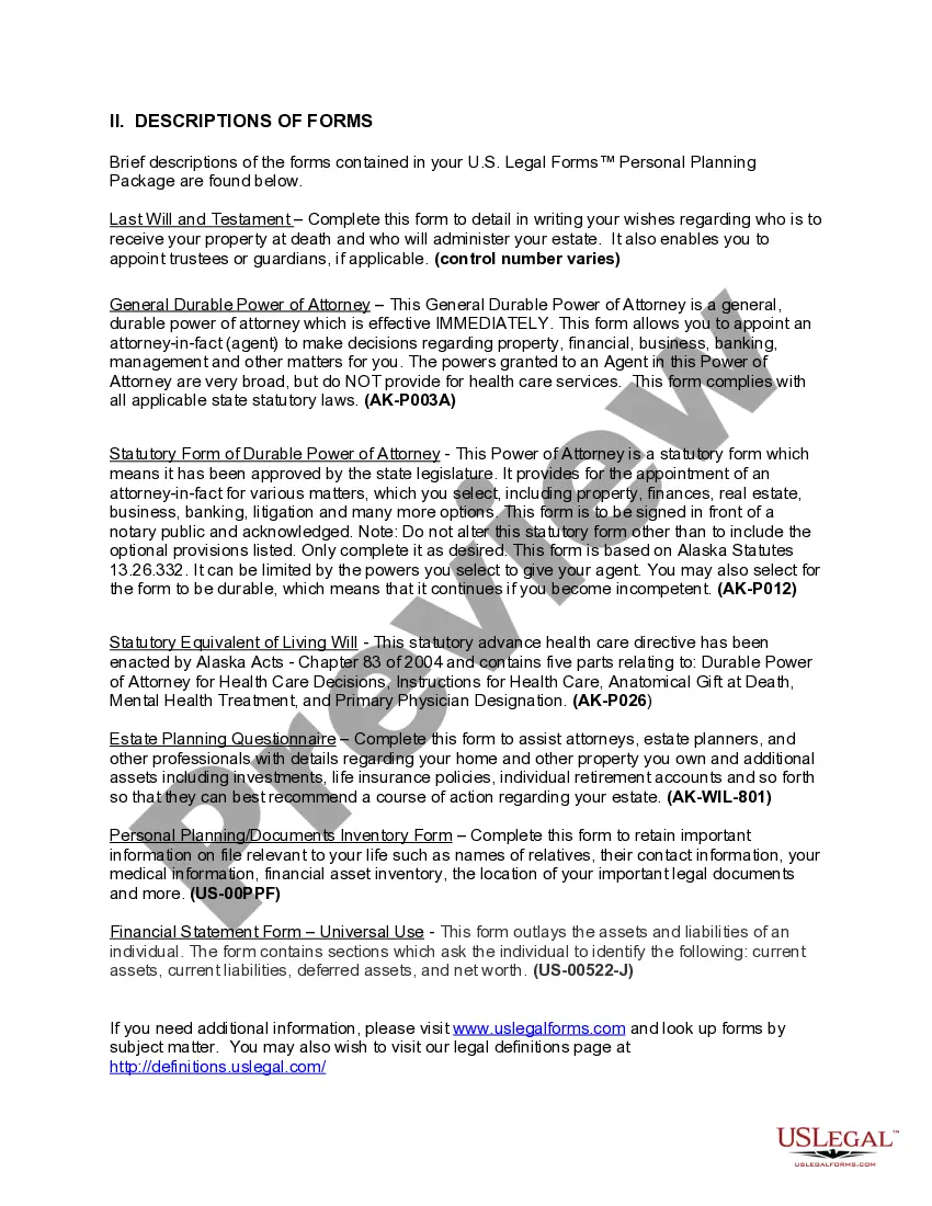 Preview Alaska Life Documents Planning Package, including Will, Power of Attorney and Living Will