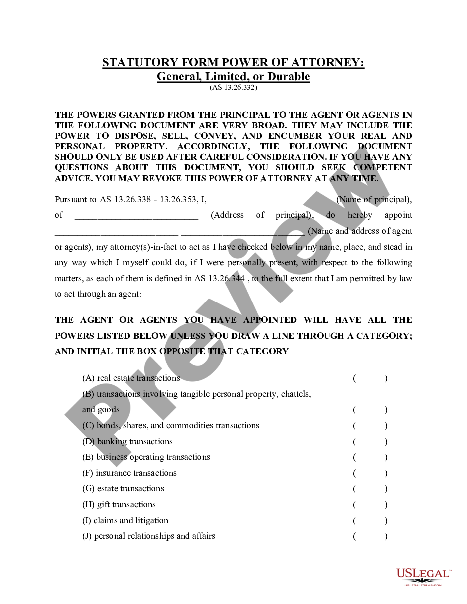 page 0 Statutory Form of Durable Power of Attorney - General, Limited, Durable preview