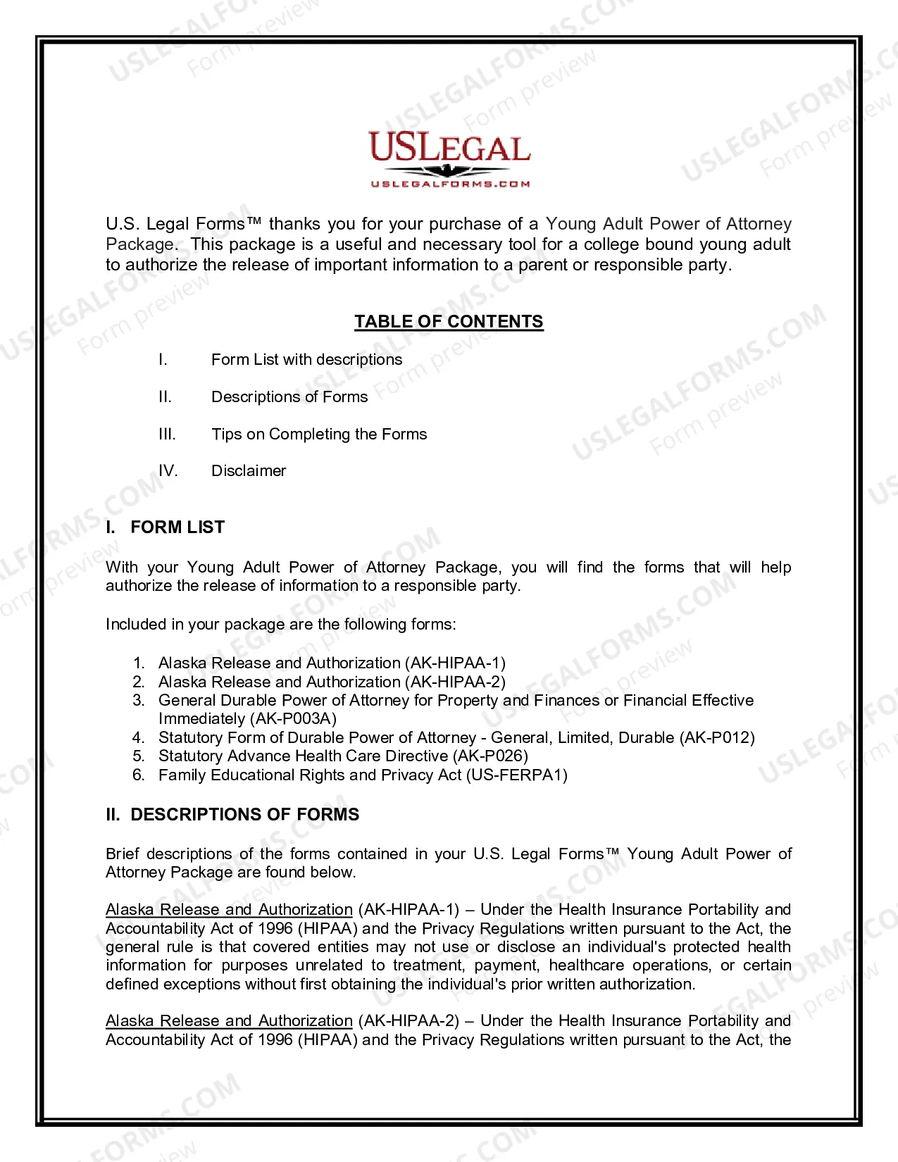 Preview Alaska Young Adult Power of Attorney Package