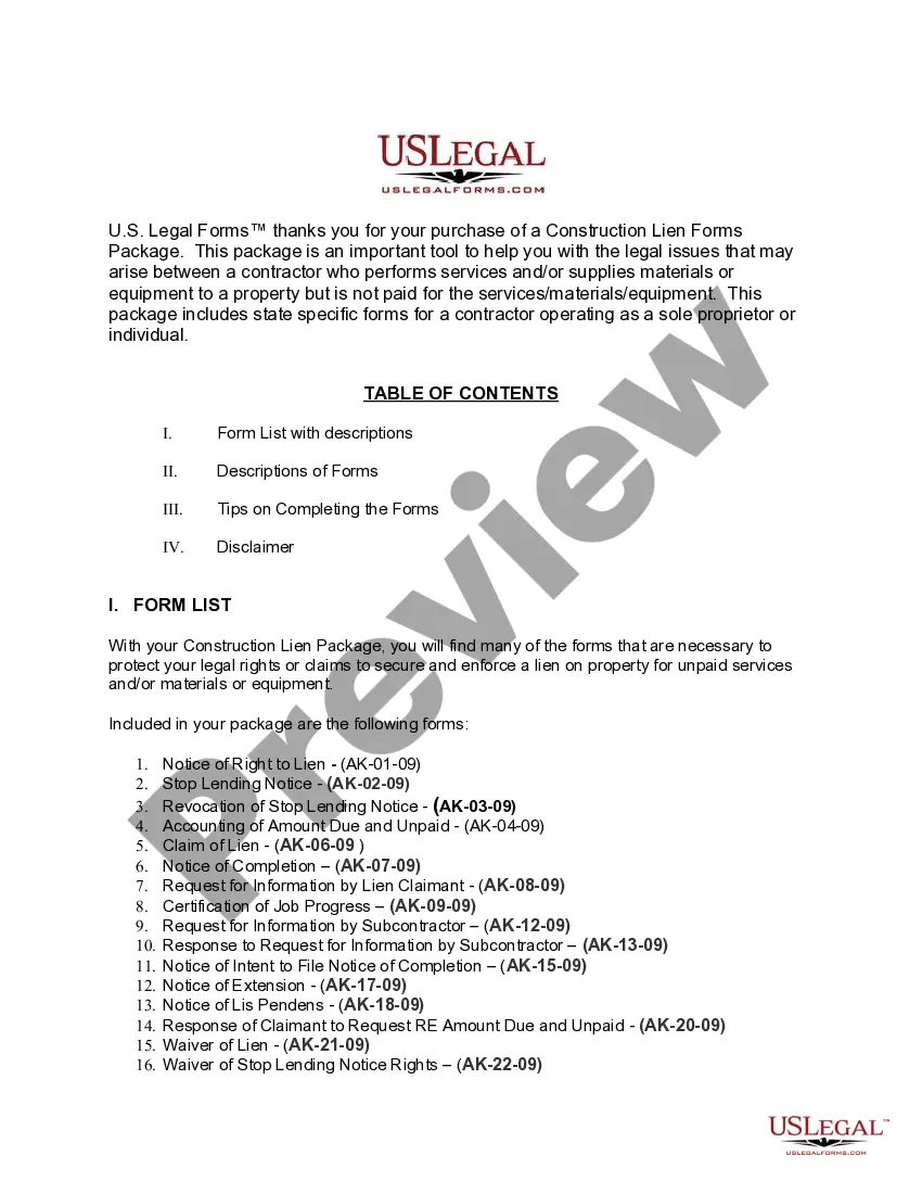 Preview Alaska Construction or Mechanics Lien Package - Individual