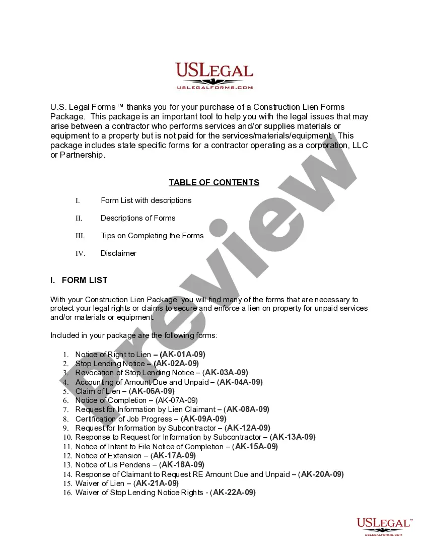 Preview Alaska Construction or Mechanics Lien Package - Corporation