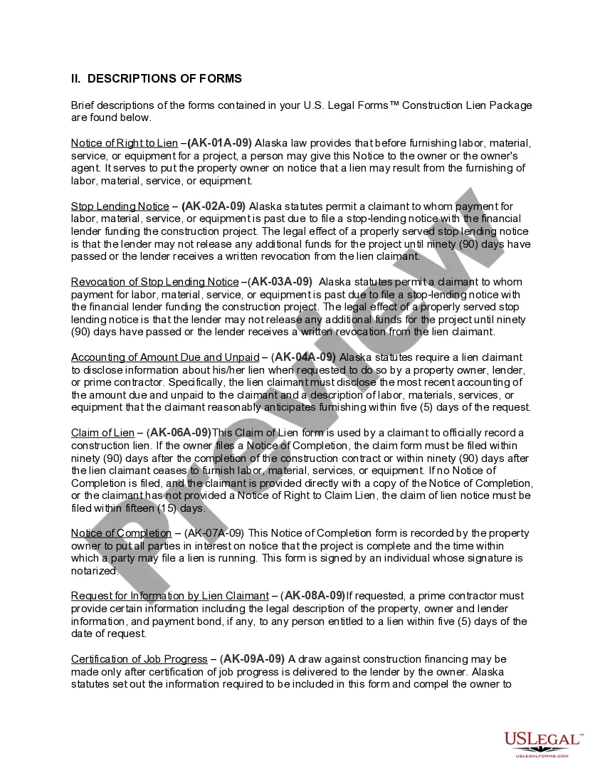 Preview Alaska Construction or Mechanics Lien Package - Corporation