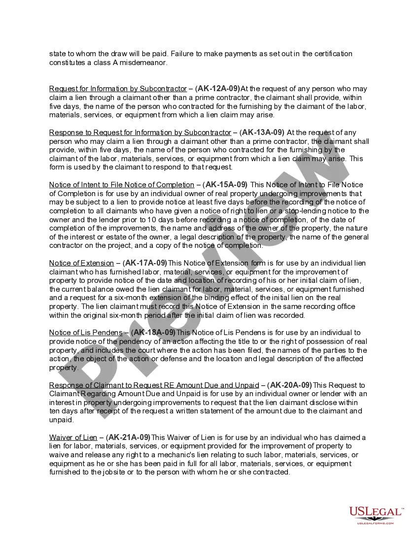 Preview Alaska Construction or Mechanics Lien Package - Corporation