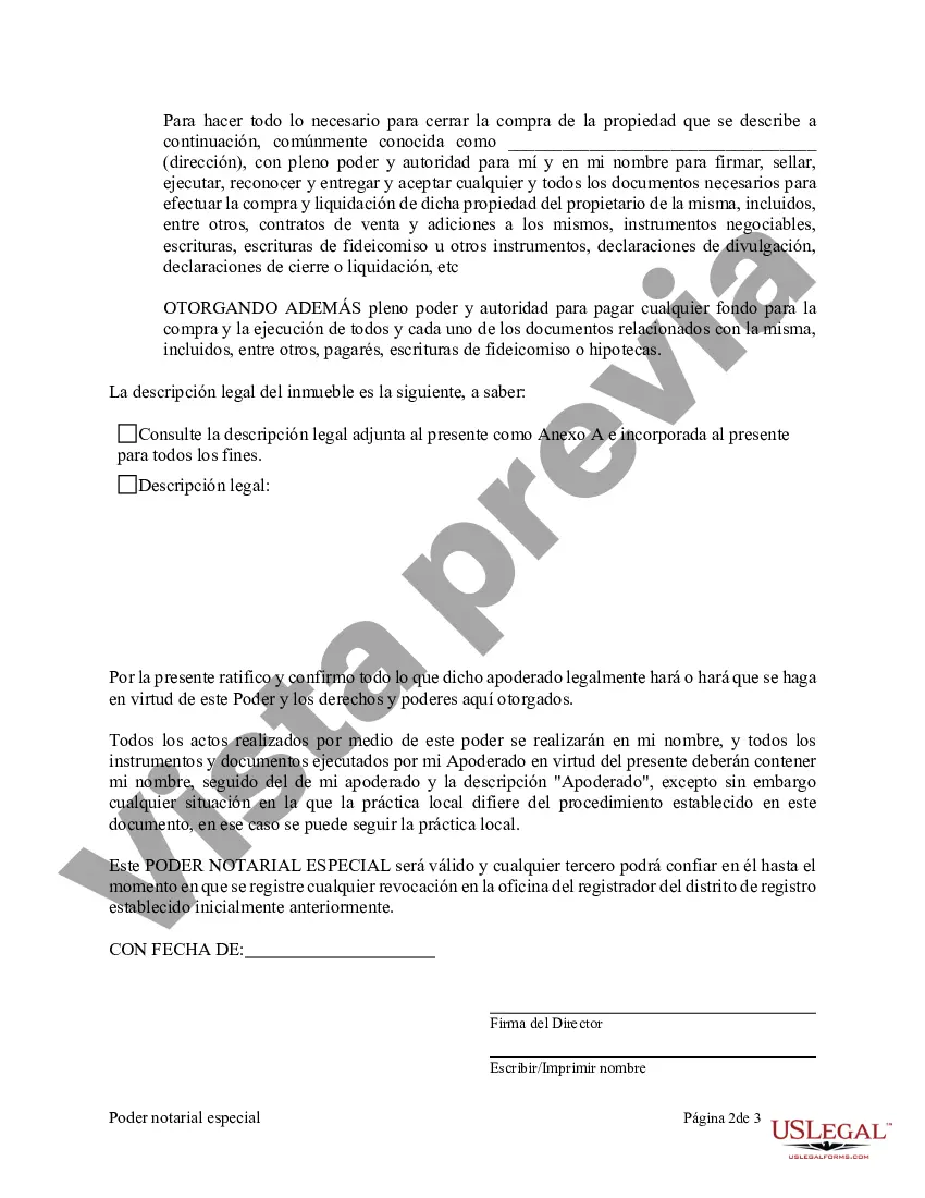 Preview Poder notarial especial o limitado para transacciones de compra de bienes raíces por parte del comprador