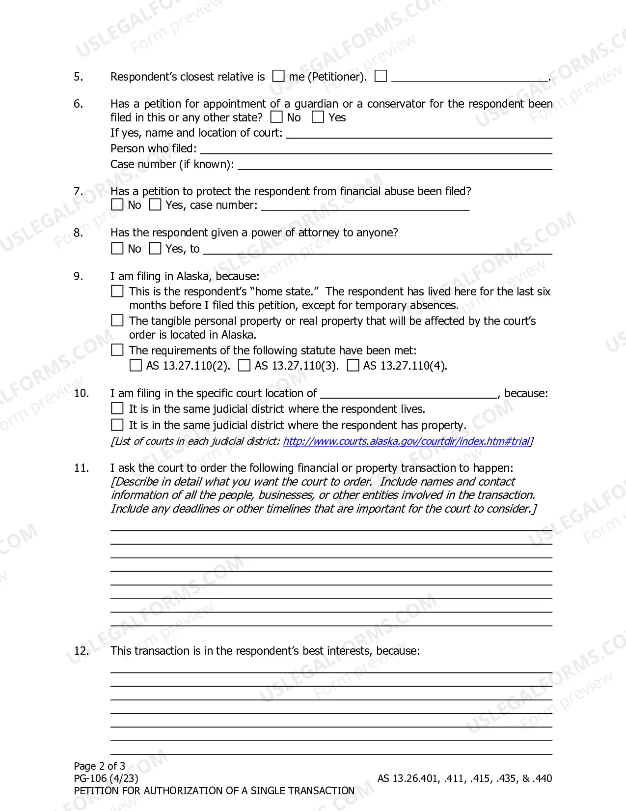 Preview Petition for Authorization of a Single Transaction