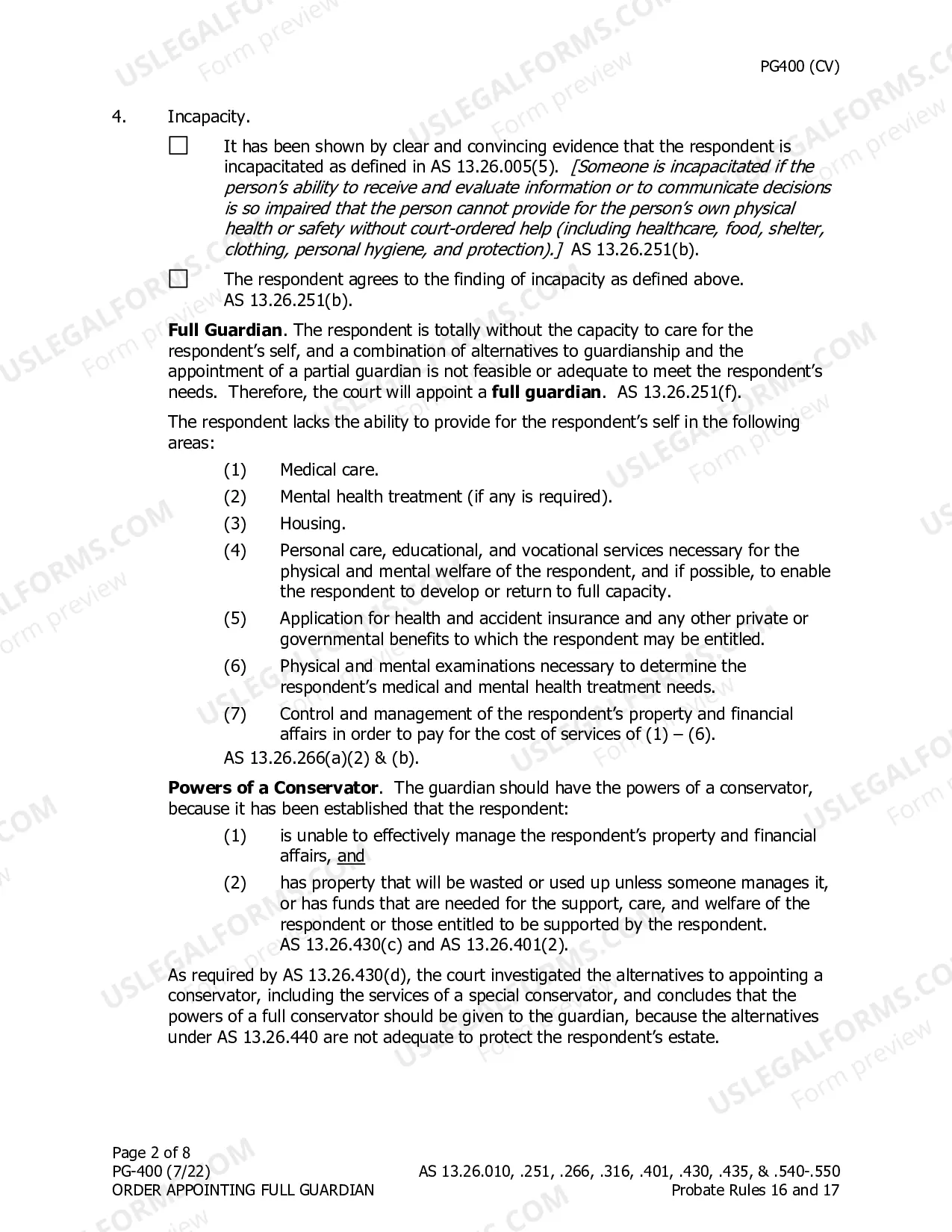 Preview Order Appointing Full Guardian with Powers of Conservator