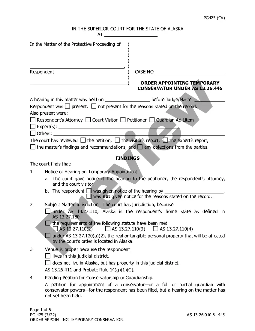 Alaska Order Appointing Temporary Conservator | US Legal Forms