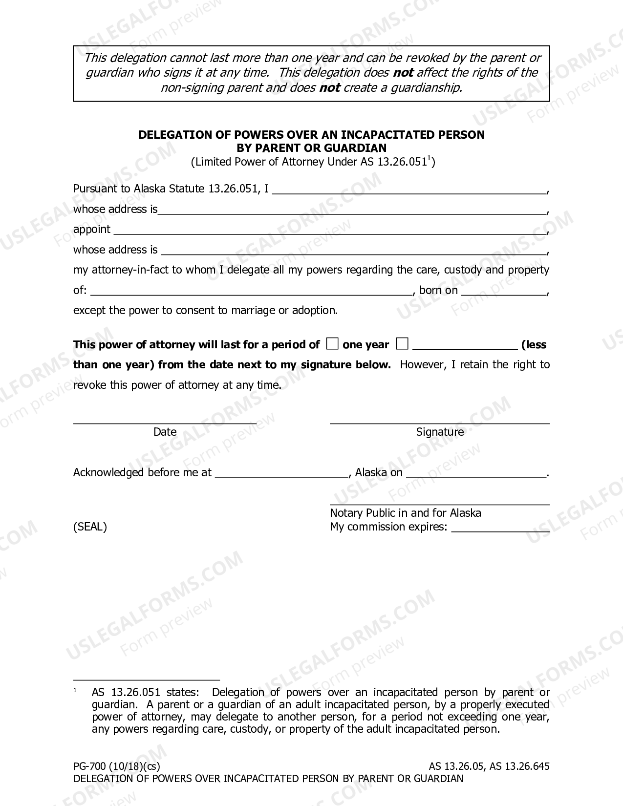 Alaska Delegation of Powers by Parent or Guardian | US Legal Forms