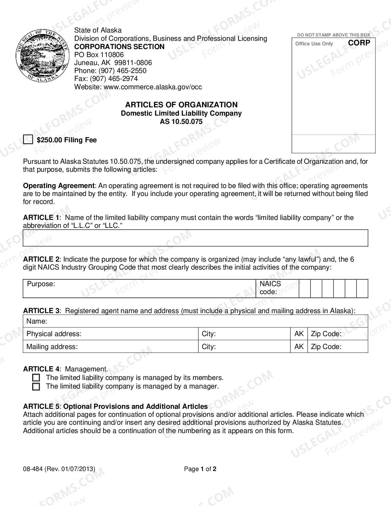 Preview Articles of Organization for an Alaska Professional Limited Liability Company PLLC