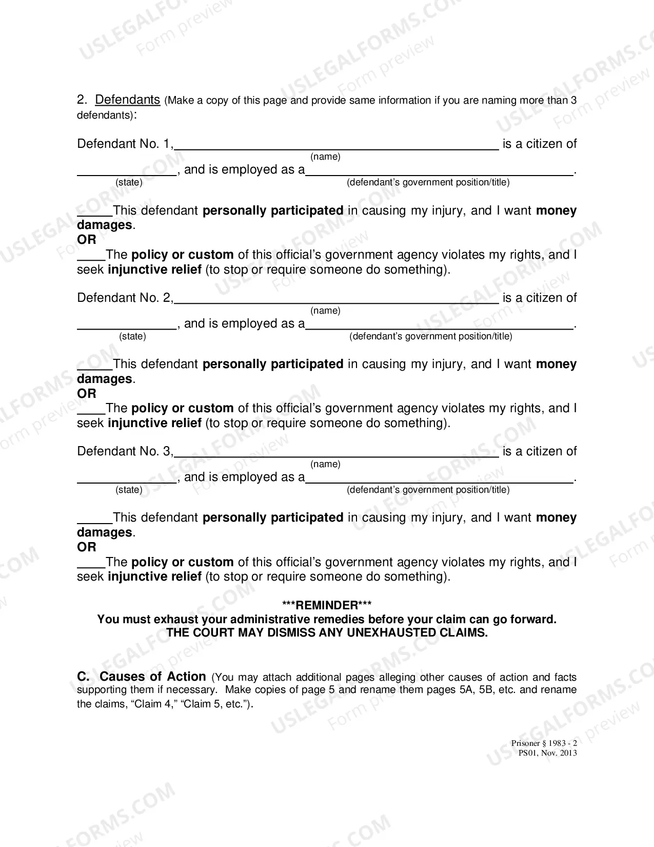 Preview Civil Rights Complaint Form for Prisoner