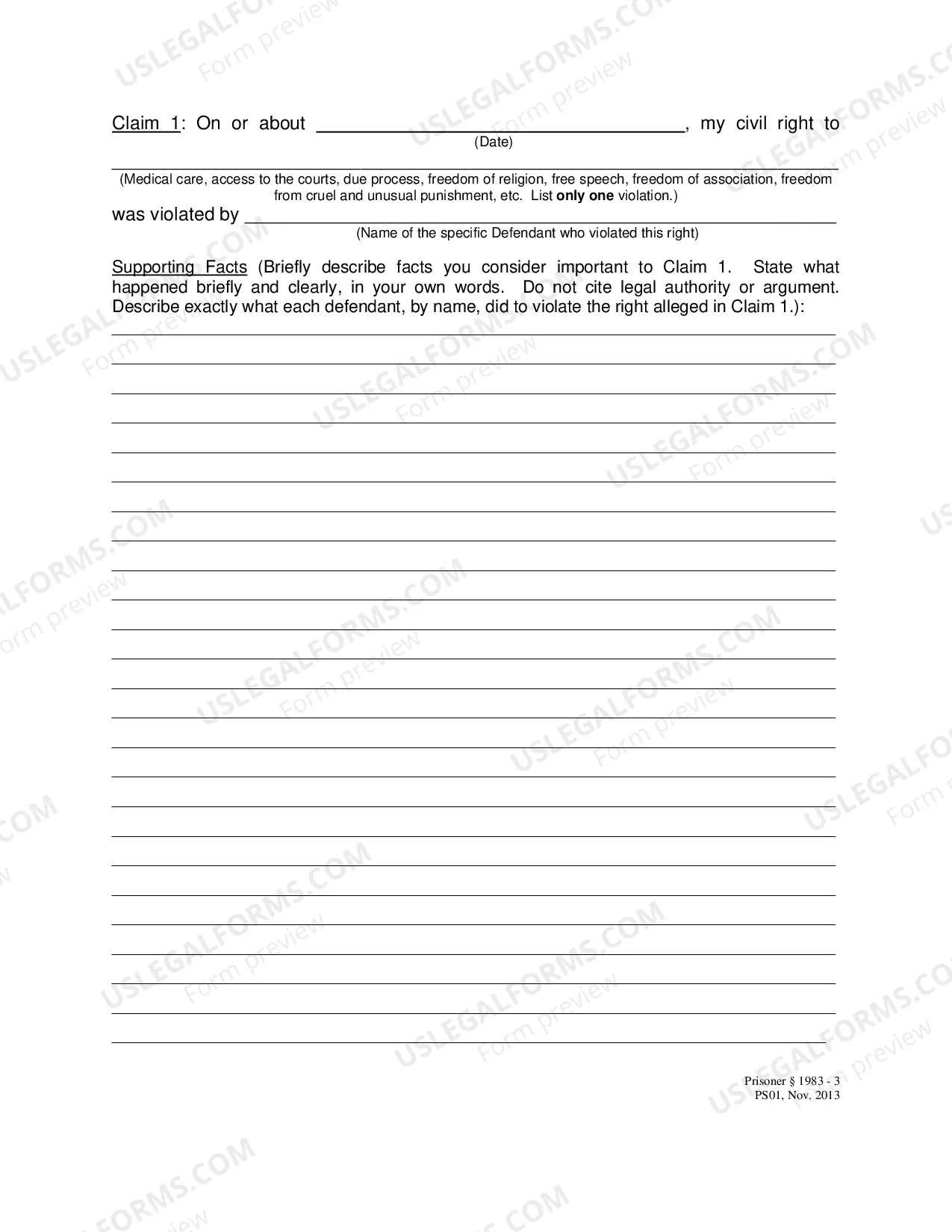 Preview Civil Rights Complaint Form for Prisoner