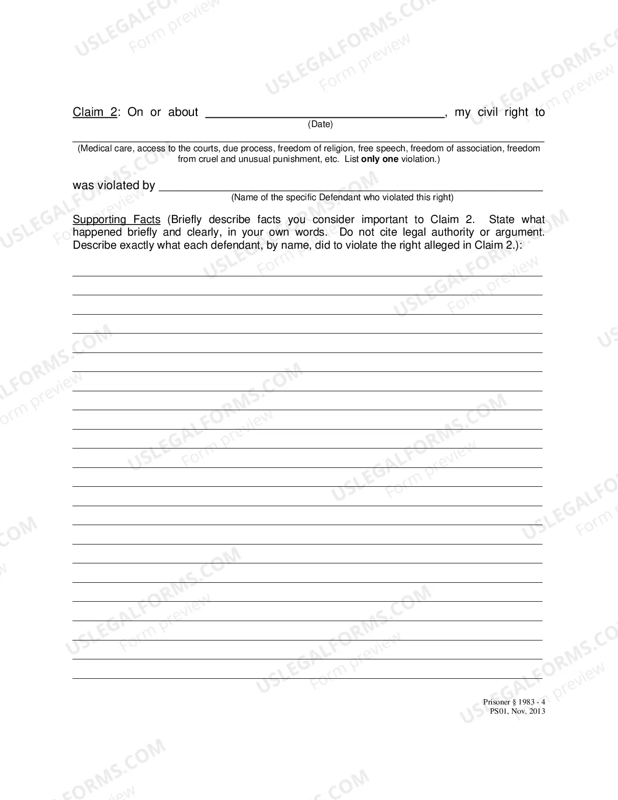 Preview Civil Rights Complaint Form for Prisoner