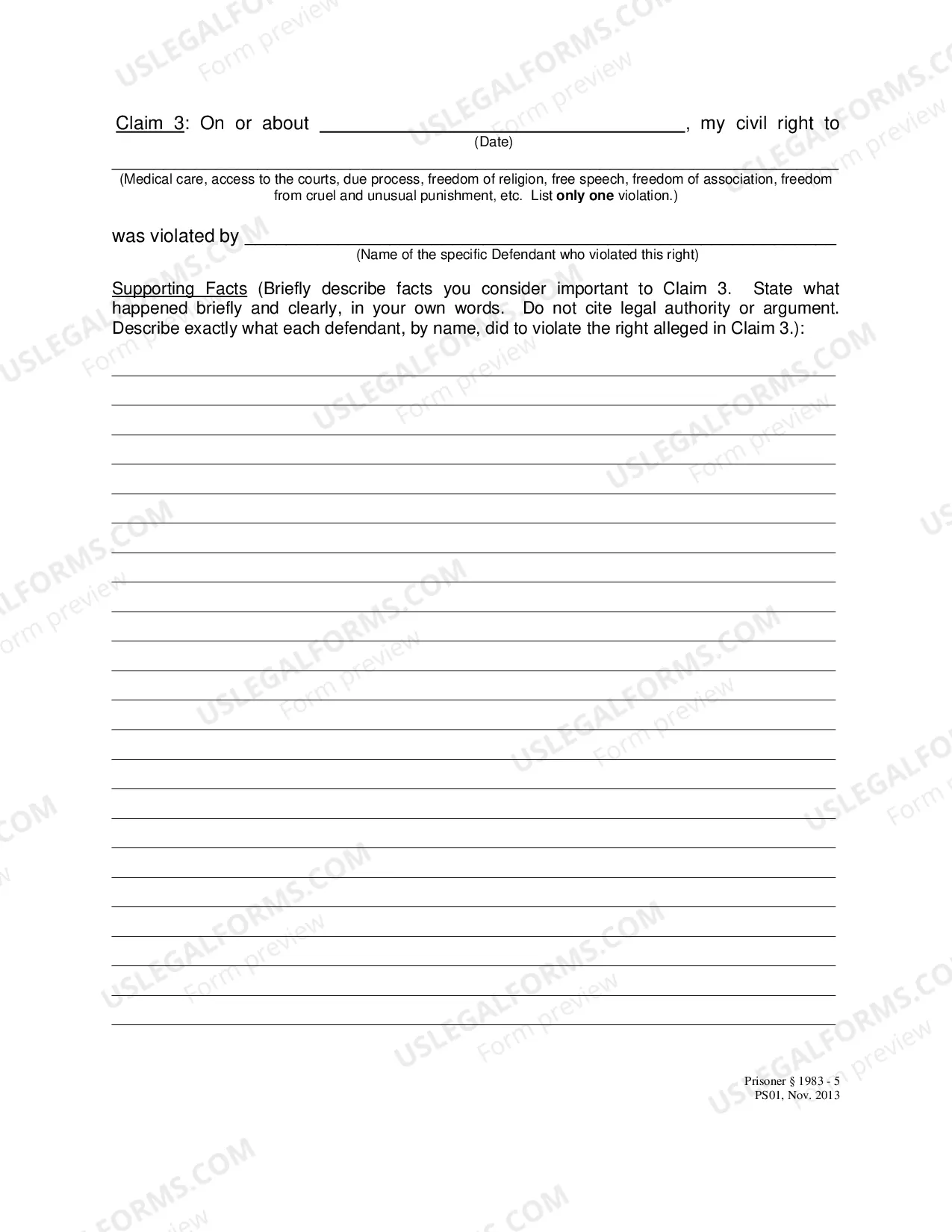 Preview Civil Rights Complaint Form for Prisoner