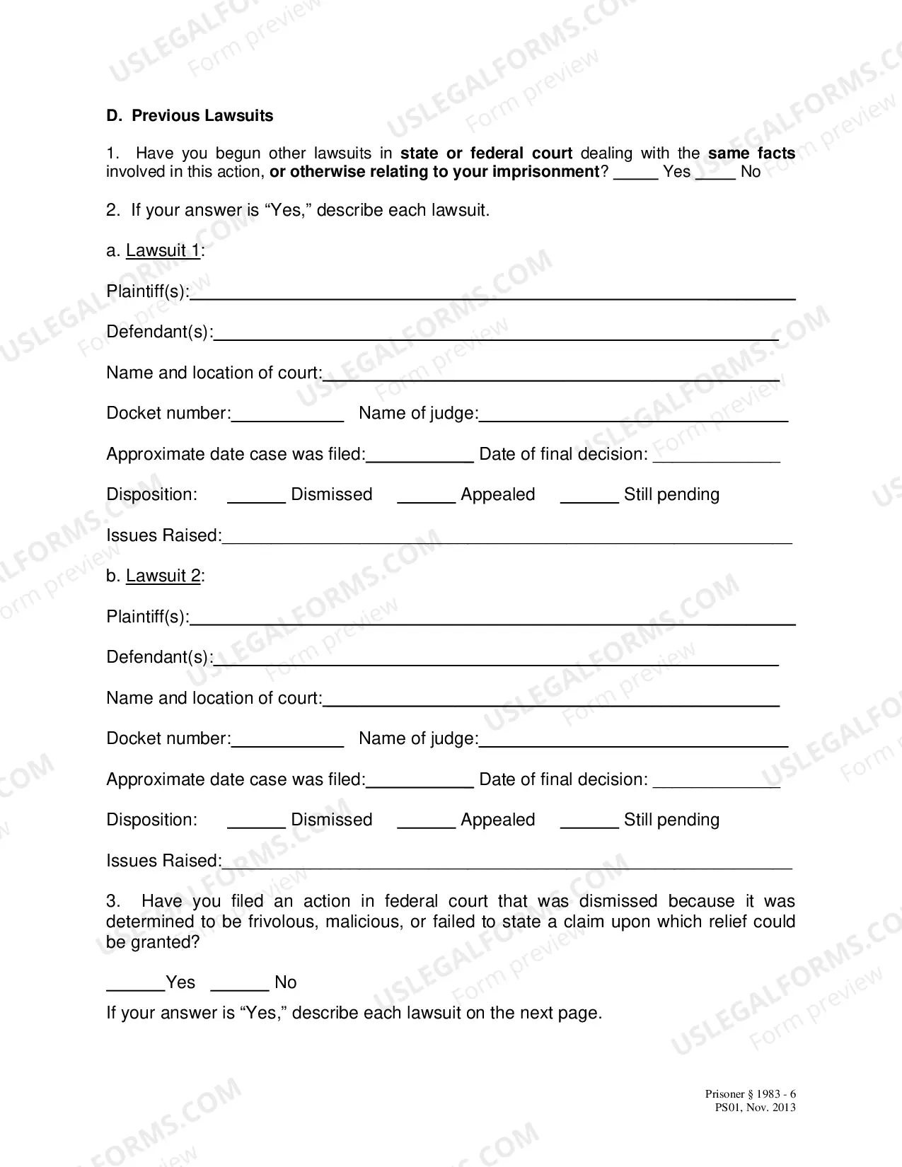 Preview Civil Rights Complaint Form for Prisoner