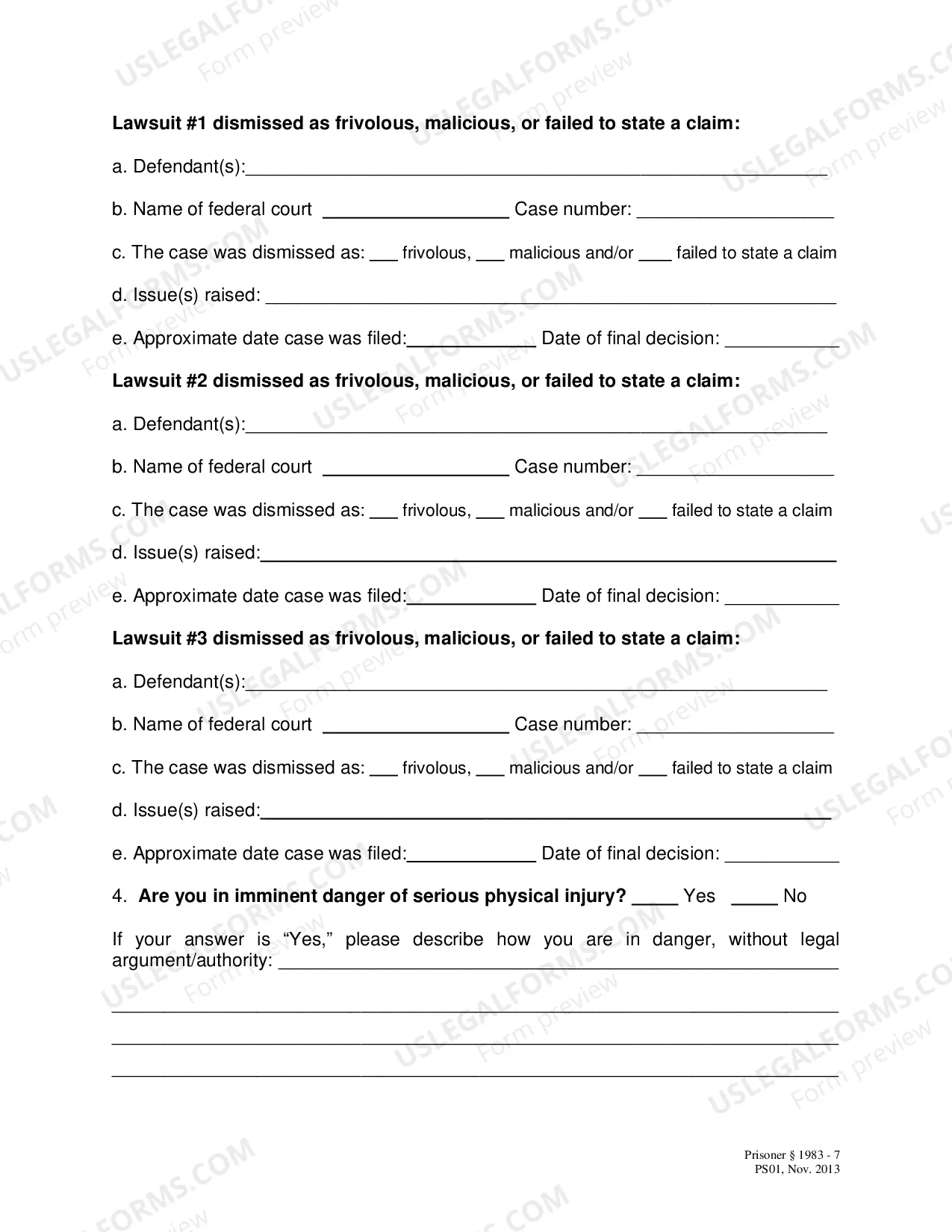 Preview Civil Rights Complaint Form for Prisoner