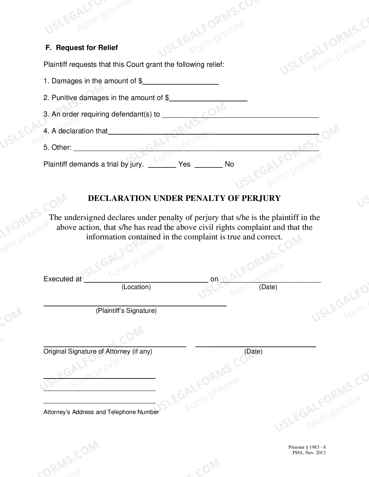 Preview Civil Rights Complaint Form for Prisoner